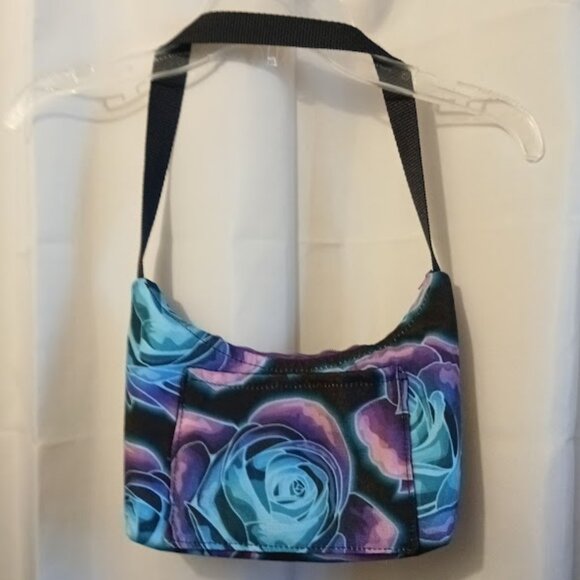 New Canvas Vinyl Top handle Shoulder Bag Purse Ombre Roses Crescent Baguette - Picture 6 of 9
